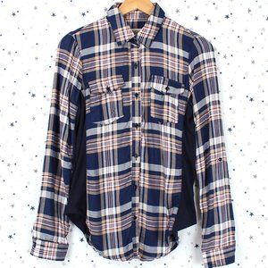 Plaid Button Up Shirt Ribbed Side Navy